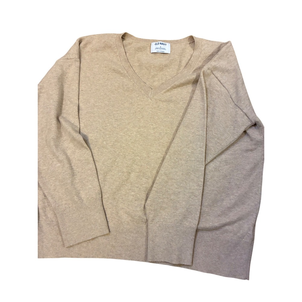 Old Navy Womens V-Neck Sweater Tan Heather Drop Shoulder Cotton Blend Size Small